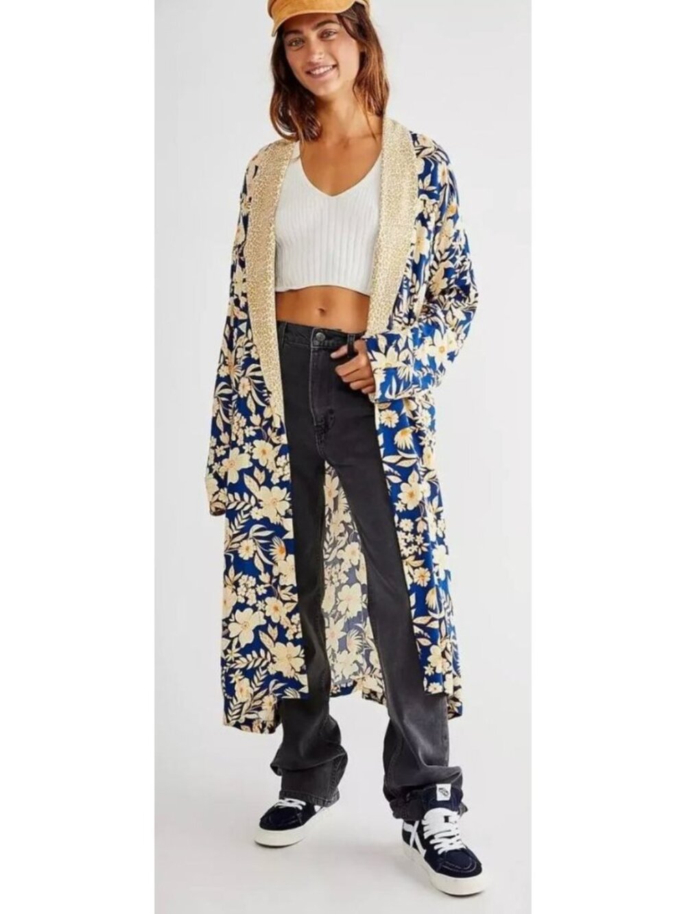 Free People Wild Nights Floral Blue Yellow Duster Kimono-sz Medium